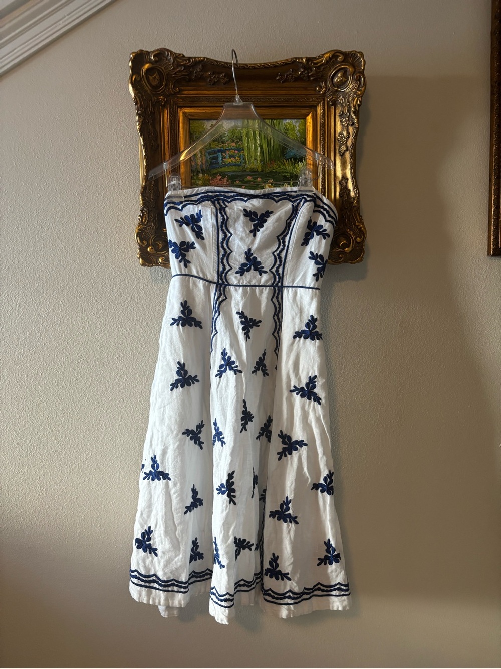 Moulinette Soeurs Embroidered Linen-Blend Strapless Midi Dress